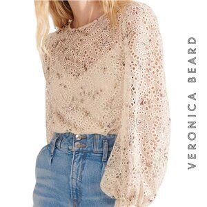 Veronica Beard | Azar Eyelet Blouse Floral Lace Ivory Ecru Embroidery, Size L 12